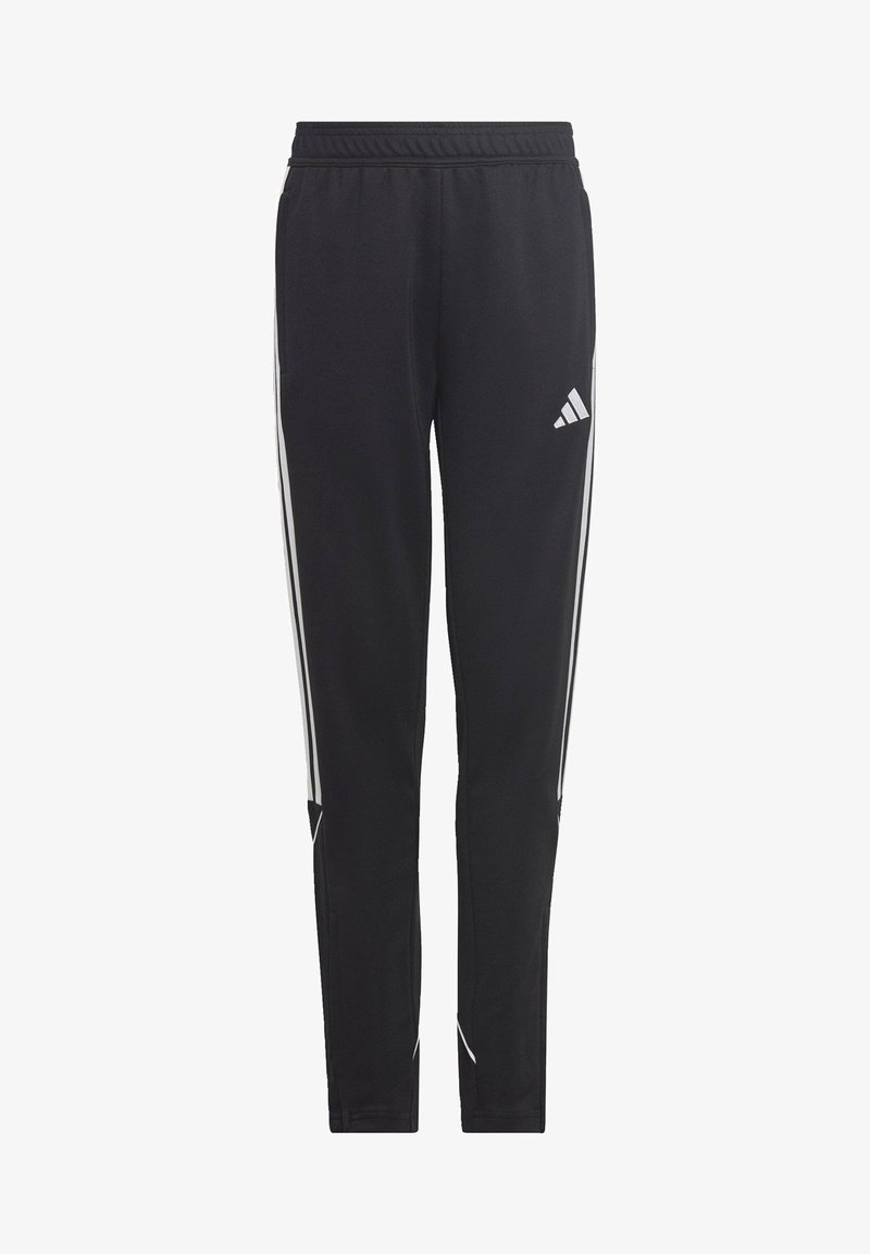 Zwarte sportieve broeken van zachte stof, met witte zijstrepen, een elastische tailleband en een klein logo op de bovenkant van de linker dij.