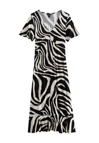 Musta-valkoinen seepra-kuviollinen mekko, jossa on V-aukko, lyhyet liehukehihat, istuva yläosa ja levenevä, röyhelöillä koristeltu helma. Sileä kangaspinta.