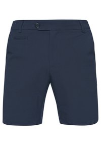 Shorts bleu marine en tissu tissé, avec une taille plate, une fermeture à bouton, deux poches latérales et une poche arrière.