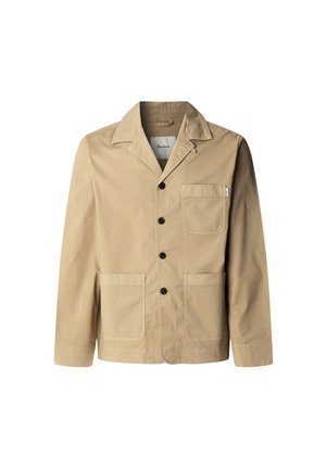 Khaki, button-up jacket made from durable cotton fabric. Features a collar, two large front pockets, and a small branded label on the pocket.