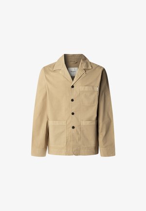 Veste kaki à boutons fabriquée en coton durable. Dotée d'un col, de deux grandes poches avant et d'une petite étiquette de marque sur la poche.