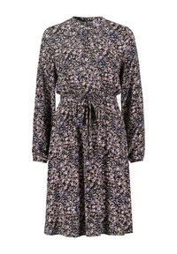 Robe à manches longues à motif floral noir, bleu et rose, taille froncée avec cordon et ourlet mi-genou.