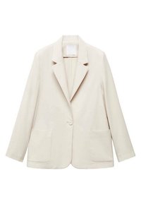 Krémově zbarvené sako s jedním knoflíkem, vykrojenými klopami a dvěma předními našitými kapsami, zobrazené na bílém pozadí.