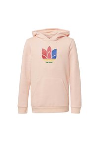 Felpa rosa con tasca frontale, cappuccio con coulisse e un logo colorato con accenti rossi, blu e verdi sul petto. Tessuto morbido.