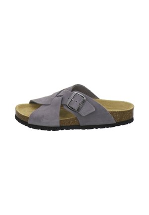 Graue Wildleder-Slipper-Sandale mit Kork-Fußbett, schwarzem Schnallenriemen und schwarzer, strukturierter Sohle, für den Freizeitgebrauch entworfen.
