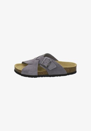 Graue Wildleder-Slipper-Sandale mit Kork-Fußbett, schwarzem Schnallenriemen und schwarzer, strukturierter Sohle, für den Freizeitgebrauch entworfen.