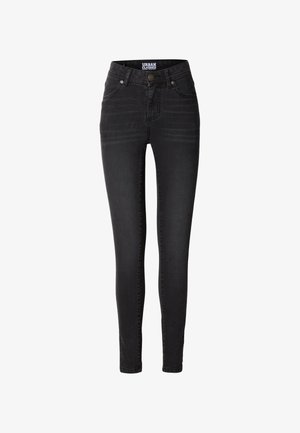 Black high-waist skinny jeans with front and back pockets, button closure, belt loops, and subtle fading on thighs.