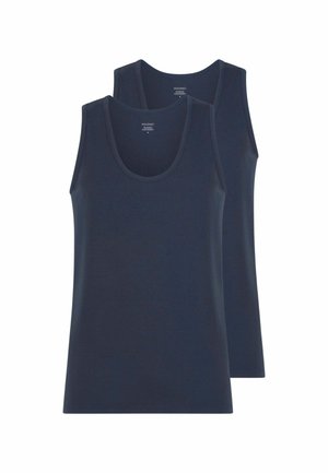 Due canotte senza maniche blu navy tinta unita impilate, con quella davanti completamente visibile e quella dietro parzialmente visibile su sfondo bianco.