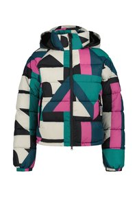 Kleurrijke pufferjack met een geometrisch patroon in teal, zwart, roze en créme. Beschikt over een capuchon, een rits aan de voorkant en elastische manchetten.