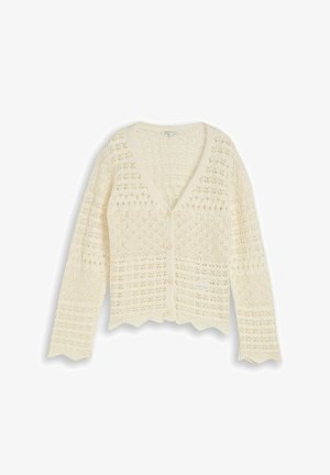 Cardigan tricoté couleur crème avec manches longues, col en V, fermeture par boutons et bords festonnés, avec un motif ajouré texturé.