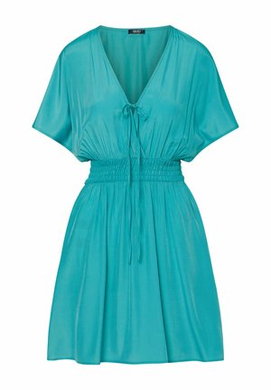 Tirkizna haljina do koljena s V-izrezom, kratkim širokim rukavima, rastezljivim strukom i detaljem s vezanjem sprijeda.