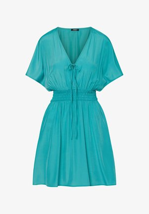 Tirkizna haljina do koljena s V-izrezom, kratkim širokim rukavima, rastezljivim strukom i detaljem s vezanjem sprijeda.