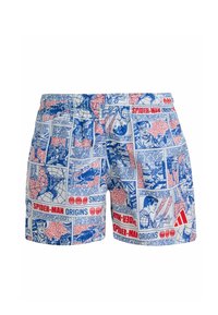 Modré a biele plavkové šortky s potlačou komiksového pásu Spider-Mana, s červenými akcentmi a grafickými ilustráciami. Vrátane elastického pásu.