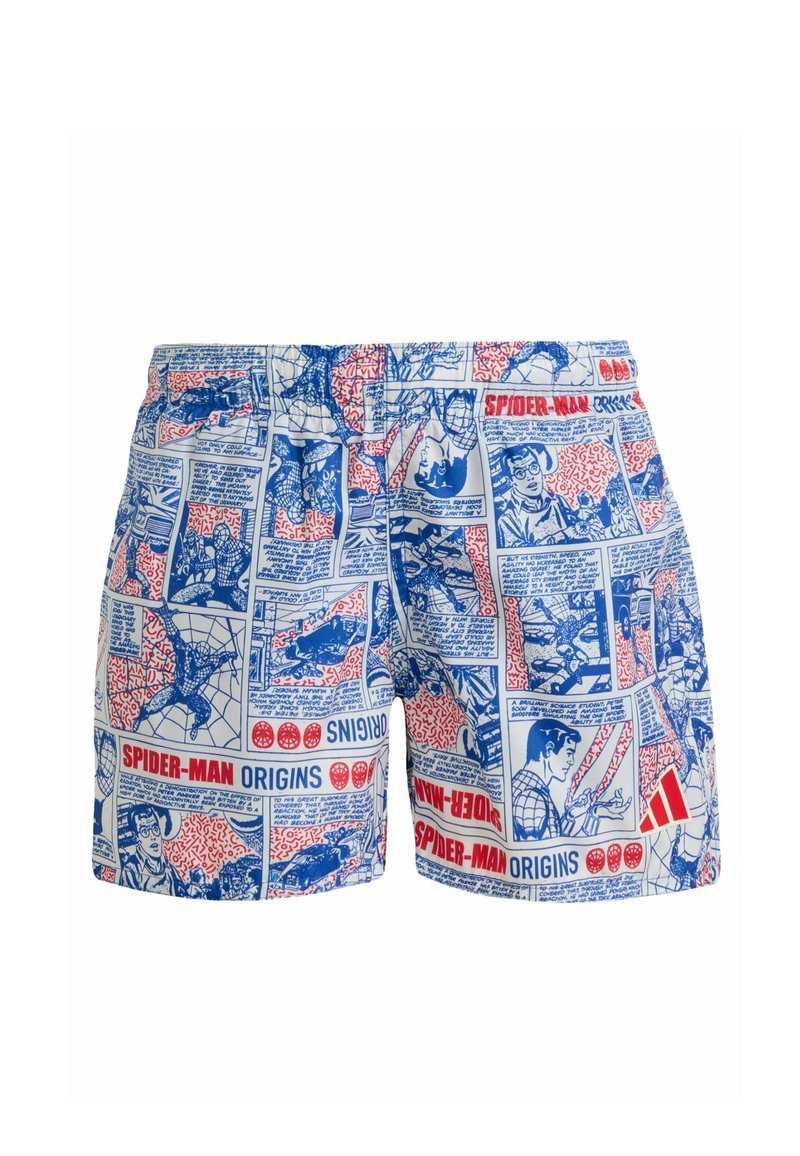 Modré a biele plavkové šortky s potlačou komiksového pásu Spider-Mana, s červenými akcentmi a grafickými ilustráciami. Vrátane elastického pásu.
