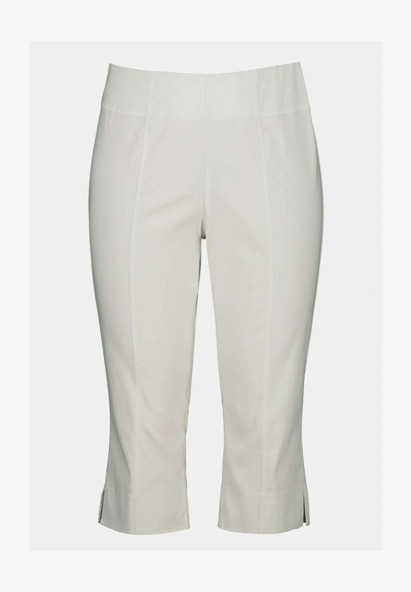 Pantaloni bianchi tagliati realizzati in tessuto liscio, con vita piatta, cuciture frontali e spacchi laterali sull'orlo per un tocco di dettaglio.