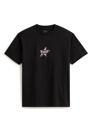 T-shirt in cotone nero con logo grafico in rosa e bianco, progettato a forma di stella. Maniche corte e scollo rotondo.