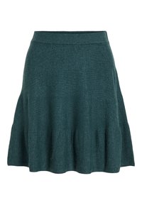 Jupe tricotée vert foncé avec une ceinture, un bas évasé et un tissu doux texturé.