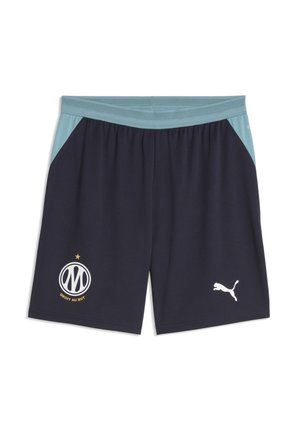 Mørkeblå atletikshorts med lyseblåt linning og sider, med hvid Puma-logo og sports klubemblem med en guldstjerne.