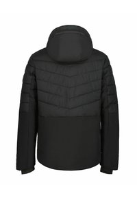 Czarna, ocieplana kurtka zimowa z kapturem, pikowana w górnej części pleców i rękawach, gładka w dolnej części pleców oraz z logo na kapturze.