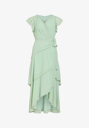 Svijetlozelena haljina na preklop s kratkim lepršavim rukavima, V-izrezom, slojevitim asimetričnim rubom i mašnom u struku na desnoj strani.