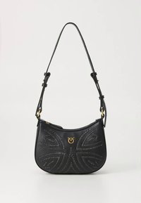 Black leather handbag with embossed butterfly pattern, gold-tone hardware, and an adjustable shoulder strap. Smooth texture and curved shape.