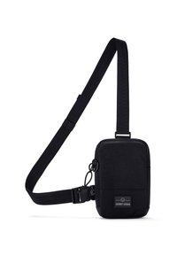Borsa messenger nera con forma rettangolare, realizzata in tessuto resistente. Caratterizzata da una tracolla regolabile e una toppa con logo frontale.