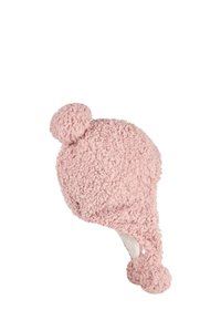 Light pink, fluffy knit hat with two round pom-poms on top and side flaps. Soft texture and rounded shape provide warmth and comfort.