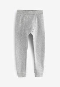 Grijze katoenlegging met een geribbelde textuur, taps toelopende manchetten en dubbele stiksels in de taille, met een eenvoudig ontwerp en zonder zichtbare patronen.