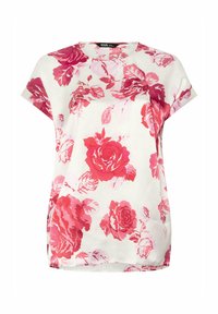 Kortärmad blommig blus i vitt med rosa rosor. Rund halsringning, lätt tyg och en avslappnad passform för komfort.