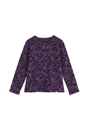 Majica z dolgimi rokavi v temno mornarsko modri barvi s vijoličnim cvetličnim vzorcem, okroglo izrezom in rebrastimi manšetami. Mehka tekstura, priložnostni dizajn.
