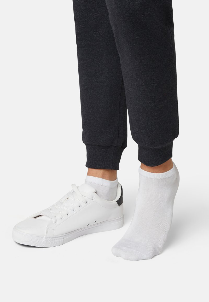 White sneaker with black accent, worn with a white ankle sock. Dark gray joggers with elastic cuffs. Bare foot visible beside sneaker.