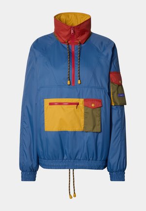 Blue lightweight jacket featuring a high collar, multicolored pockets (yellow, red, green), drawstring hem, and elastic cuffs.