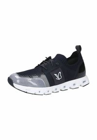 Navy blue athletic shoes with a knit upper, mesh detailing, reflective accents, and a white, cushioned sole featuring circular cutouts.