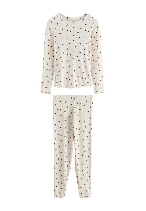 Ensemble pyjama crème manches longues avec motif de cœur rouge et bordure effet laitue aux manches et à l’ourlet.