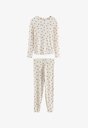 Ensemble pyjama crème manches longues avec motif de cœur rouge et bordure effet laitue aux manches et à l’ourlet.