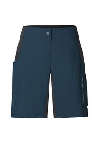 Shorts bleu marine avec panneaux latéraux noirs, fermeture par bouton et zip, deux poches avant, et une poche zippée sur la cuisse droite.