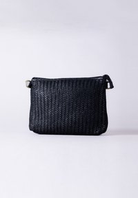 Black woven clutch bag with a textured surface, zip closure, and a loop for a strap. Compact rectangular shape, lightweight material.