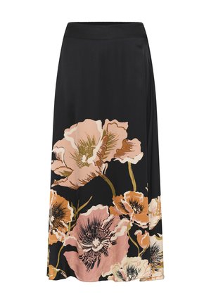 Jupe midi noire avec de grands motifs floraux roses, orange et crème principalement le long de l'ourlet, avec une ceinture lisse et un tissu fluide.
