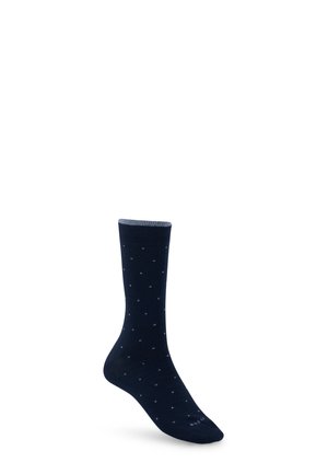 Un singolo calzino blu navy con piccolo motivo a pois bianchi e bordo grigio, mostrato su sfondo bianco.