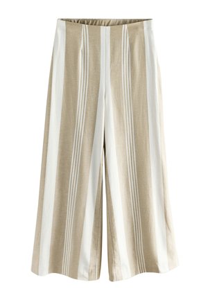 Broek met wijde pijpen met verticale beige en witte strepen en een elastische tailleband.