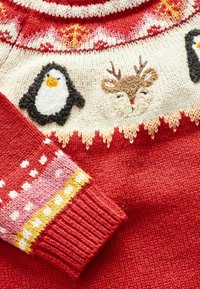 Maglione rosso lavorato a maglia con un motivo Fair Isle che presenta motivi di pinguini e renne, filato testurizzato, polsini a costine e strisce colorate.