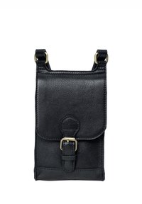Sort læder crossbody taske med en struktureret overflade, der har flap-lukning, metalspænde og justerbare stropper. Kompakt og udekoreret design.