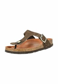 Brune ruskind flip-flop sandal med en korksål, prydet med en sort knapaccent og en sølvmetalspænde på den justerbare rem.