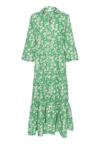 Grön klänning med blommönster, krage, trekvartslånga ärmar och en flerpalls kjol. Tillverkad av lätt material.