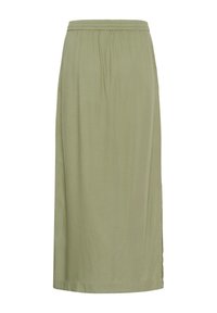 Gonna lunga fino al massimo in verde oliva con cintura elastica, realizzata in tessuto leggero e caratterizzata da spacchi laterali per facilitare i movimenti.