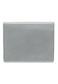 Gray leather wallet with a smooth texture, fold-over design, and reinforced stitching. Compact shape with no visible closures or hardware.