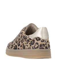 Sneaker mit Leopardenmuster, Obermaterial aus Wildleder in beigen Tönen und einer metallisch goldfarbenen Ferse. Verfügt über eine Gummisohle und ein Schnürdesign.