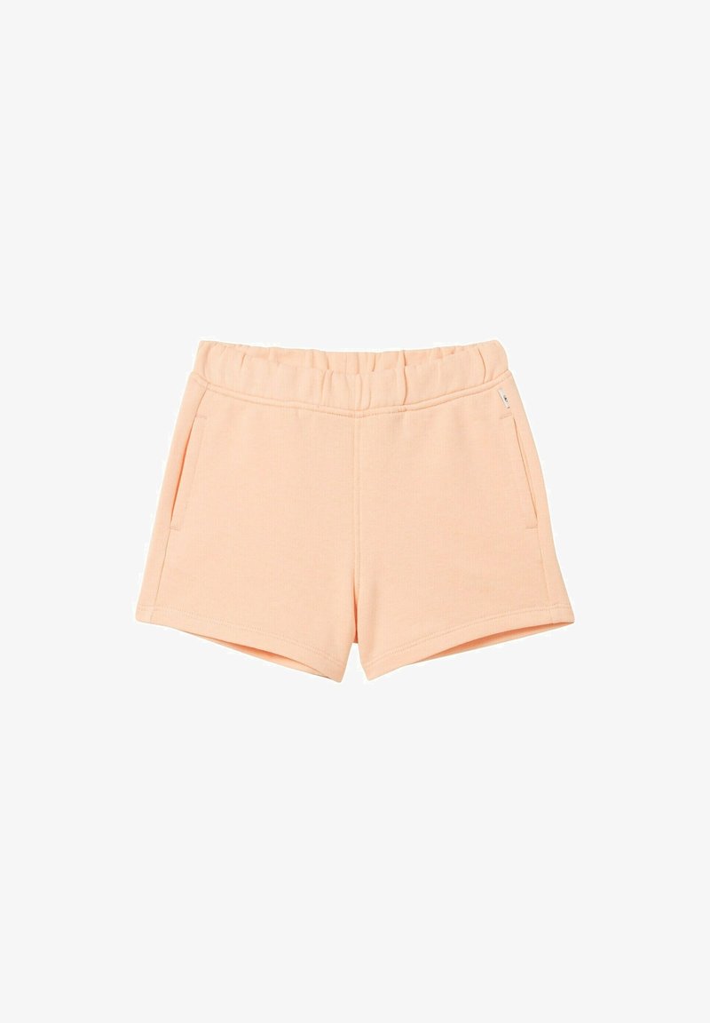 Shorts élastiques de couleur pêche claire avec poches latérales, conçus pour un usage décontracté.