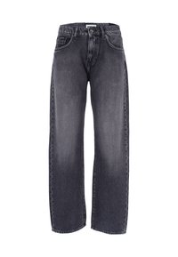 Jeans a vita alta e gamba larga in denim grigio scuro. Presentano cinque tasche, una chiusura con bottone davanti e dettagli di cucitura visibili lungo le cuciture.