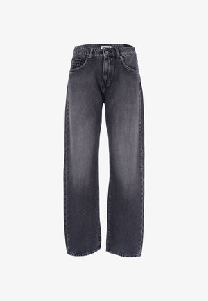 Jeans a vita alta e gamba larga in denim grigio scuro. Presentano cinque tasche, una chiusura con bottone davanti e dettagli di cucitura visibili lungo le cuciture.